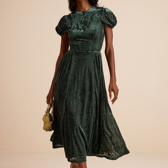 Lulus Arlie Emerald Velvet Burnout Puff Sleeve Midi Dress Green - Size XL - Picture 1 of 1